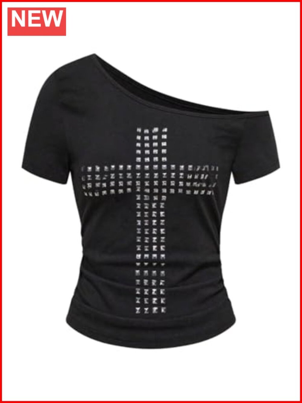Women's Y2k Grunge Punk Off Shoulder Cross Rivet Short Sleeve Fitted T-Shirt